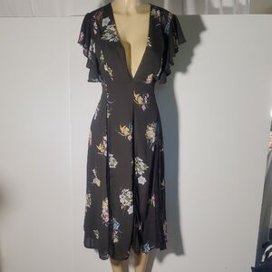 ASOS DESIGN Midi Black Dress With Godet Lace Inserts Floral V-Neck Size 12